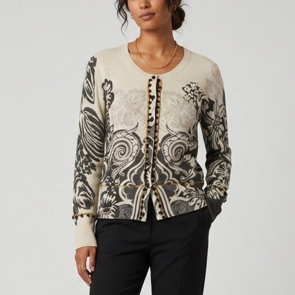Etro Wool Cashmere Paisley Cardigan Cream Black Pom Pom Trim Italy 46 Large